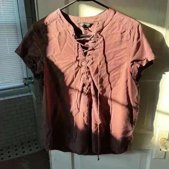 Express Tops - Express Dusty burgundy, short sleeve blouse with tie up V-neck feature